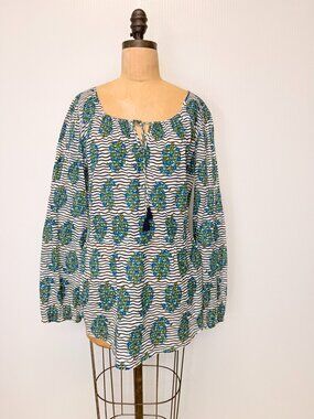 Tory Burch Blouse Women 12 Floral Stripe Tassel Boho Peasant Top Resort Work Ex